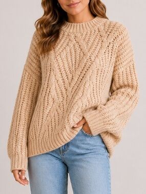 Mango Oversized Cable Knit Chunky Tan Cozy Minimalist Pullover Sweater